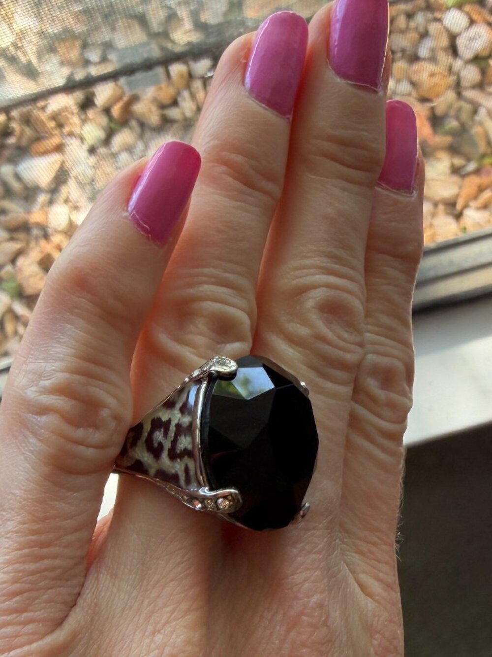 Vintage David Sigal Leopard & Black Crystal Stainless Steel Statement Ring